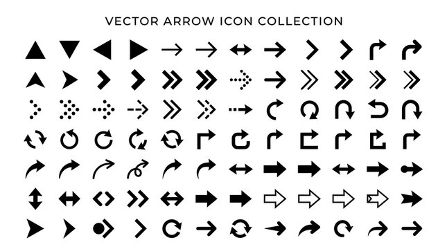 Comprehensive Vector Arrow Icon Collection featuring black directional symbols, minimalist web navigation signs, chevrons, curved pointers, and circular refresh buttons for UI/UX design sets.