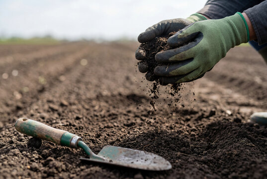 Farmer hands in gloves sifting dark arable soil below eye level on cultivated field