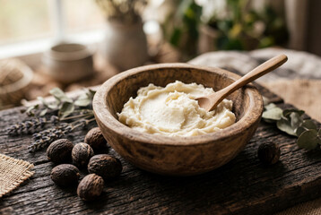 Fototapeta premium Wooden bowl filled with creamy shea butter and a wooden spoon
