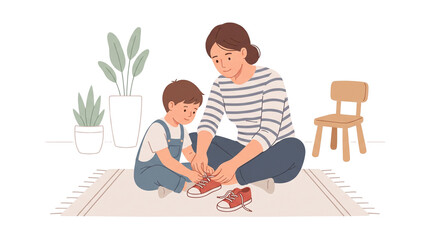 Fototapeta premium Mother helping her son tie his shoelaces at home.