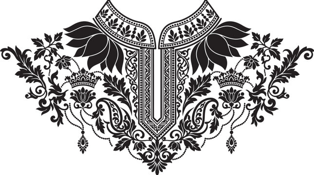 Traditional neckline embroidery pattern vector, ethnic floral collar design for fashion apparel, black and white ornamental paisley neck print