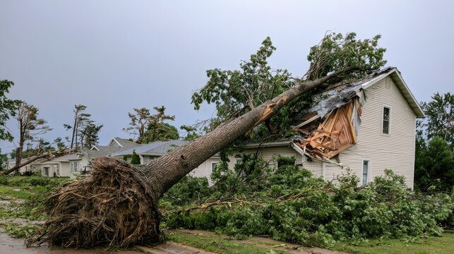 Massive Tree Topples Onto Damaged House After Severe Storm.