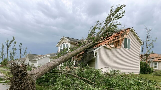 Fallen Tree Devastates House After Severe Storm Damage.