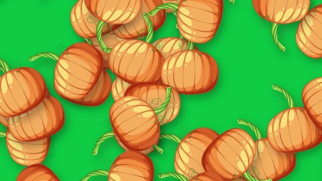 Animated Falling Orange Pumpkins Pattern on Bright Green Background