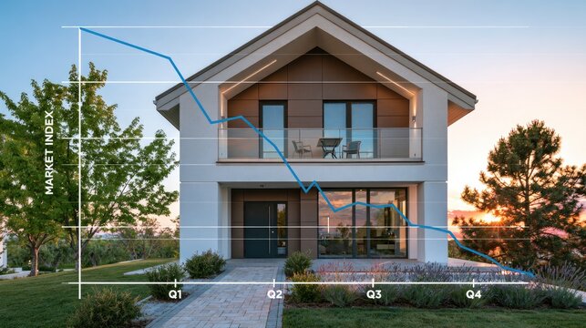 Modern House with Declining Market Trend Graph Overlay.