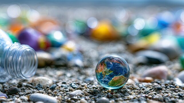 Miniature Earth Marble on Gravel with Scattered Colorful Marbles and Bottle.