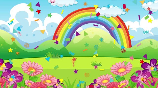 Cartoon Landscape Animation with Rainbow and Falling Colorful Confetti