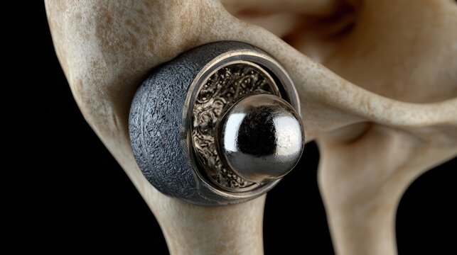 Close-up of a modern hip replacement implant in a human pelvis bone.