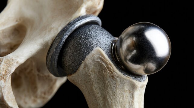 Close-up of a modern hip replacement implant within a human pelvis bone structure.
