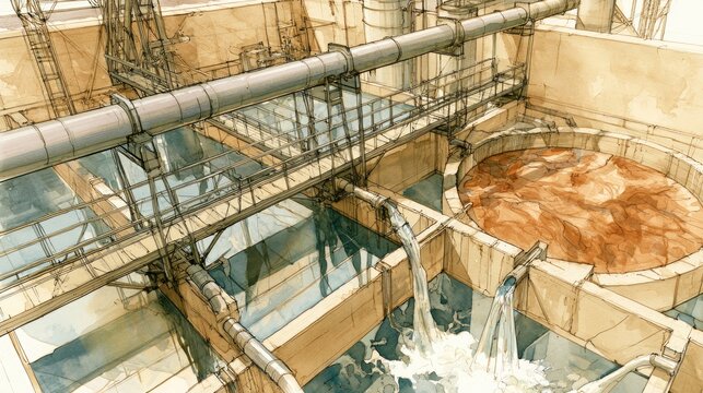 Industrial Water Treatment Plant with Settling Tanks and Piping.