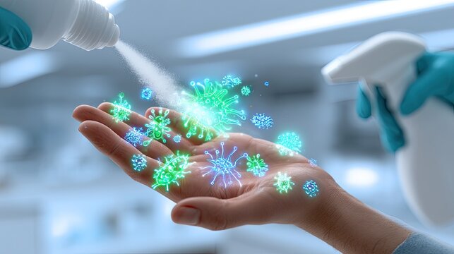 Hand Sanitizer Spraying on Hand with Glowing Virus Particles.