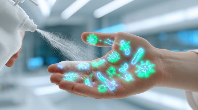 Hand Sanitizer Spraying on Hand with Glowing Germs and Bacteria Visualized.