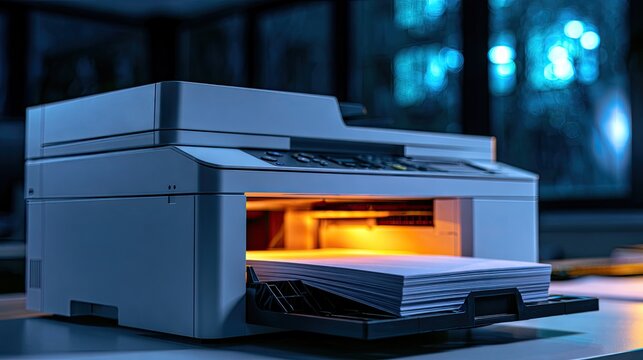 Modern Laser Printer Printing Documents with Warm Glowing Light.