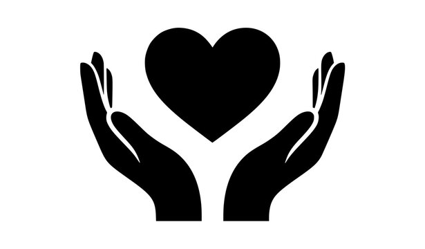 Black and white hands holding heart vector icon representing love generosity compassion protection and social support isolated on white