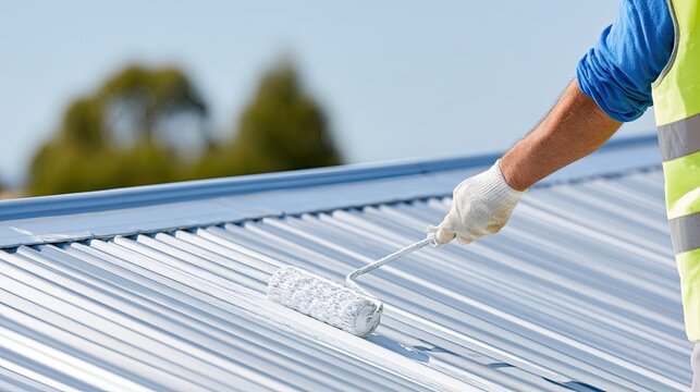 Worker Painting a Corrugated Metal Roof with a Roller.