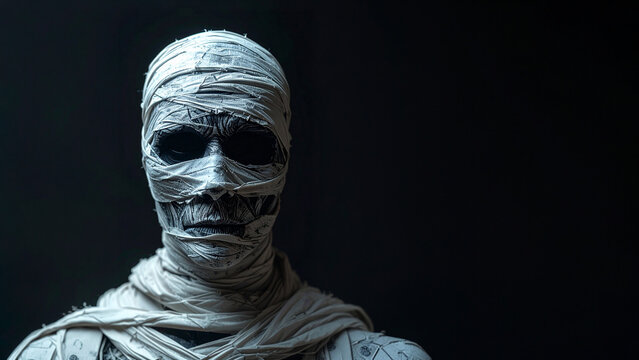 Portrait mummy. Bandages face coverings. Eyes deep sockets. Character model. Game asset. Horror film concept art. Fantasy visual. Halloween theme. Textured surface. Production stock visual.