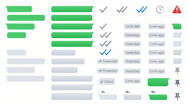 Whatsapp messaging app UI UX interface components featuring green chat bubbles, read receipt checkmarks, status icons, time stamps, forwarded labels, pin icons, and message reply arrows mockup.