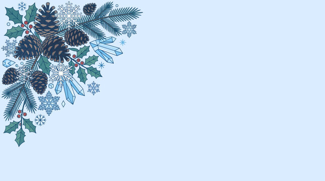 Winter corner decoration with pine cones, fir branches, holly, and snowflakes on a light blue background, featuring a detailed embroidered style.