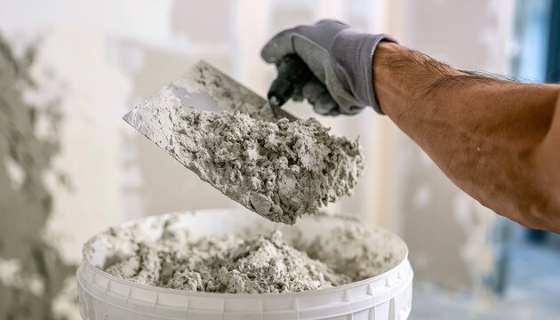 Construction worker applying plaster with a trowel to a wall.