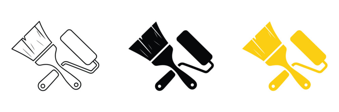 Paint Brush and Roller vector icons with minimalist styles for painting tools, home improvement, decorating, construction, and renovation graphic applications.
