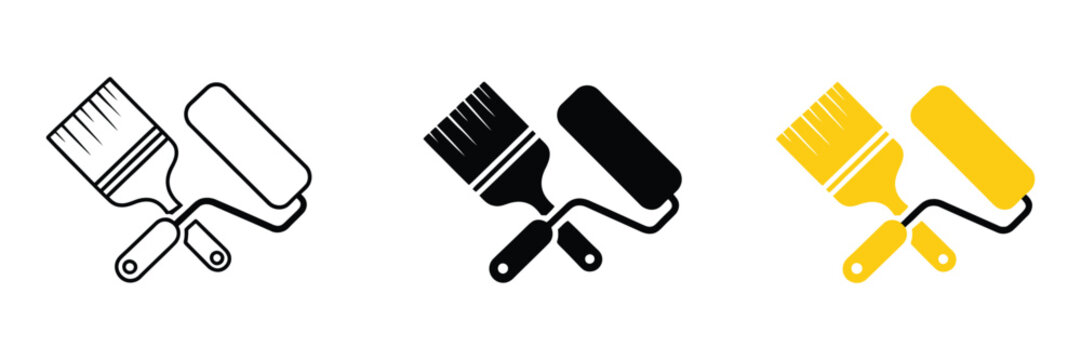Paint Brush and Roller icons featuring clean vector illustrations for painting, home renovation, interior decorating, construction, and maintenance design projects.