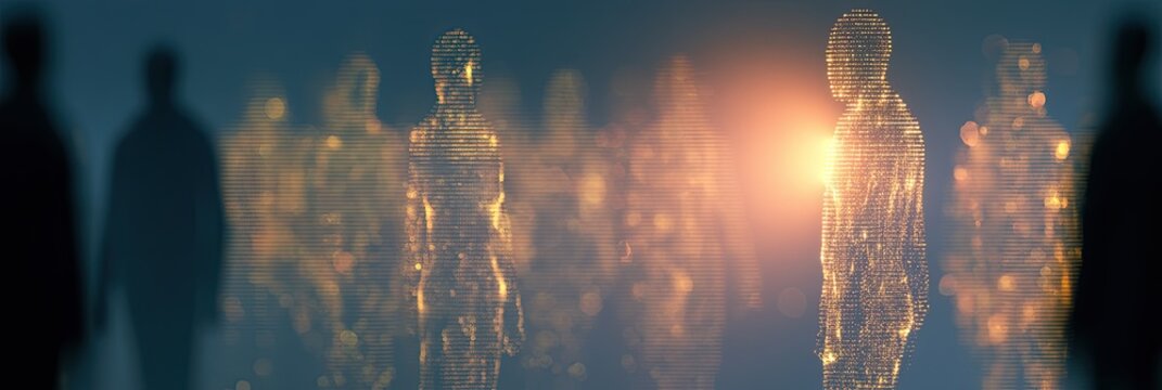 Futuristic figures illuminated by bright light in a dark environment.