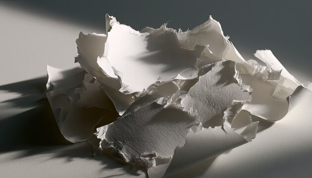 Abstract Sculpture of Crumbled White Paper with Dramatic Shadows.