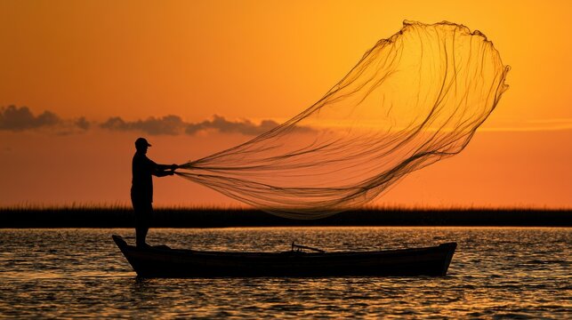 Fisherman casting net at sunset over the ocean from a boat.