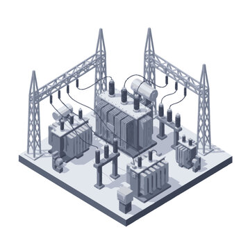 Isometric view of electrical substation with transformers and power lines.