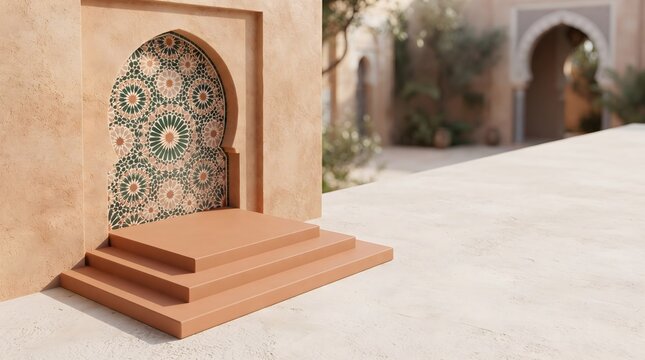 High end luxury organic product backdrop with moroccan zellige tile wall and sandstone platform right copy space