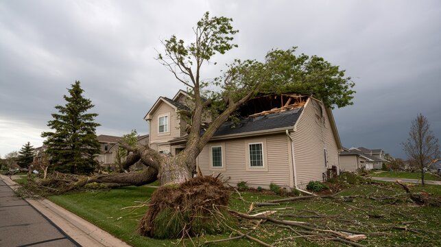 Tornado Damage - House Destroyed by Fallen Tree After Severe Storm.
