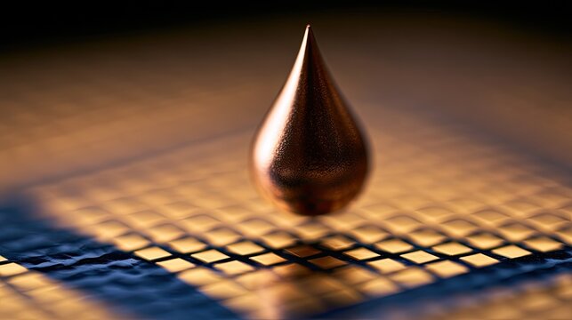 Macro Shot of Copper Droplet on Silicon Wafer Grid.