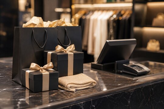 Luxury Boutique Store Cashier Counter Black Friday Gift Boxes Shopping Bags Retail