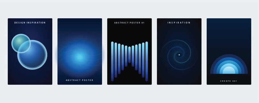 Inspiration abstract poster set with blue gradient circles, geometric lines, spiral patterns, and semi-circular shapes on dark background