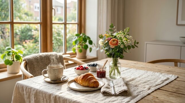 Cozy morning breakfast with steaming coffee, fresh croissant, berries, and flowers by a sunny window