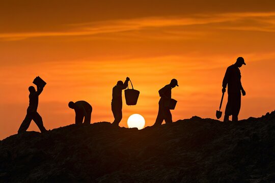 Silhouettes of workers carrying buckets and shovels against a vibrant sunset sky.