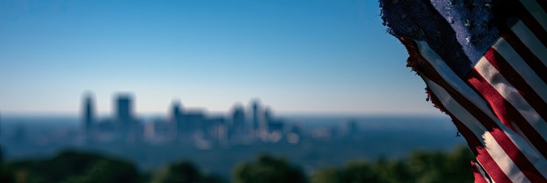 American Flag Waves in Foreground with City Skyline in Background Under Blue Sky.