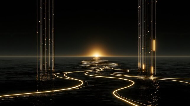 Futuristic Golden Pathway Leading to a Bright Sunrise Over a Digital Landscape.