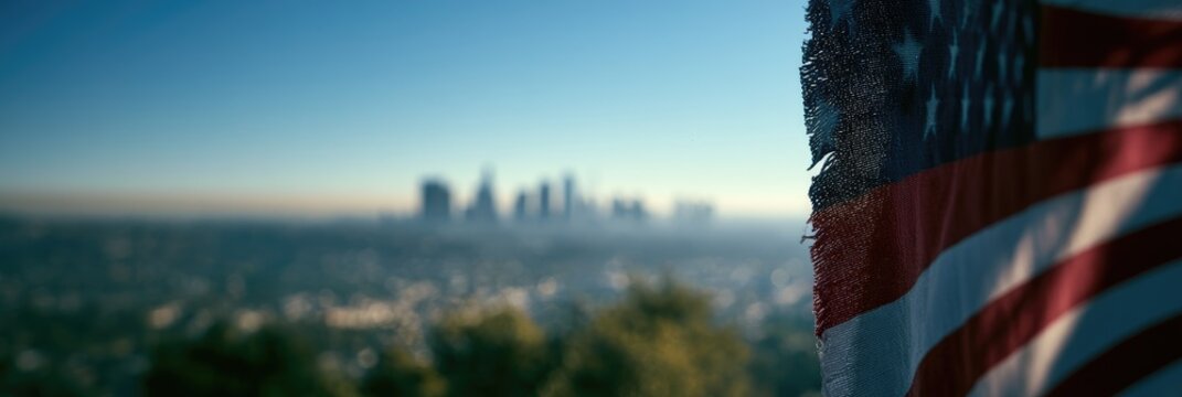 American Flag Waves Over a Distant City Skyline at Sunrise.