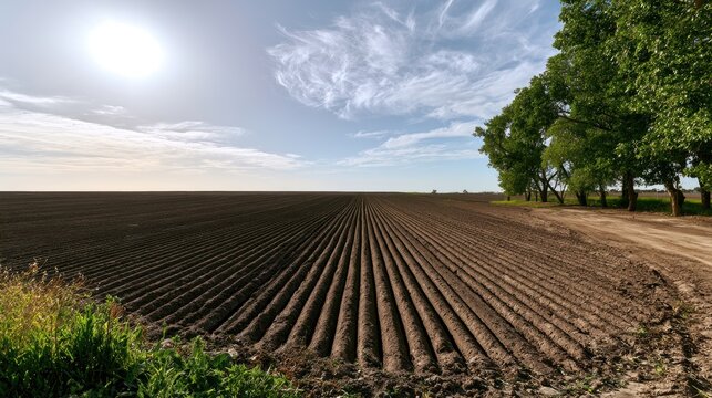 Vast Plowed Field Under a Bright Sunny Sky with Rows of Soil.
