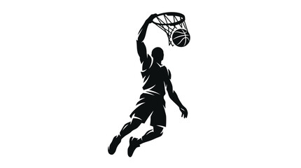 Athletic basketball player performing a powerful slam dunk maneuver depicted in a minimalist black vector style © Ikram
