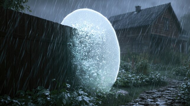 Mysterious Glowing Orb Deflects Rain on Wooden Fence.