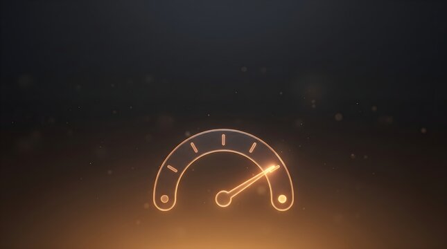 Neon Speedometer Gauge Icon on Dark Amber Gradient Background with Copy Space