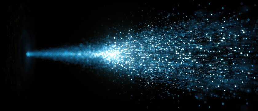 Abstract blue light particles exploding from a beam on a black background.
