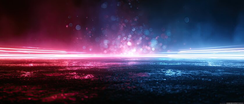 Abstract Neon Light Streaks Reflecting on Wet Surface.