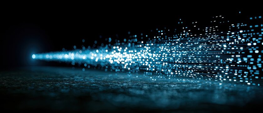 Abstract Blue Light Streaks and Particles Flowing in Darkness.