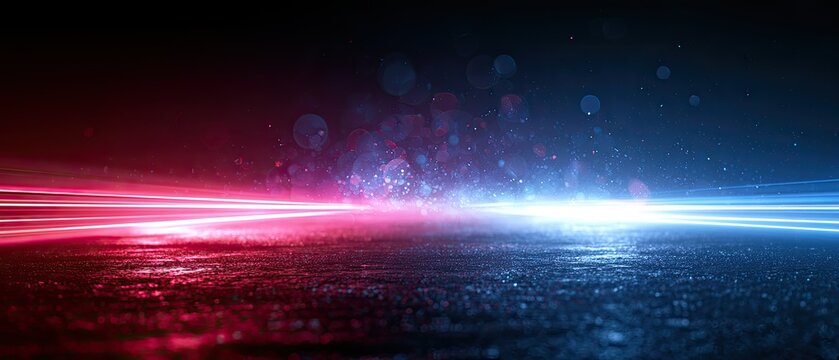 Abstract Neon Light Streaks on Wet Surface with Bokeh Effect.