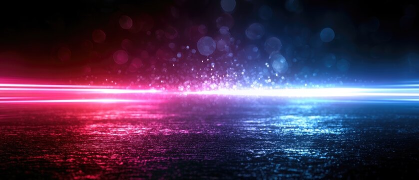 Abstract Neon Light Streaks Reflecting on Wet Surface.