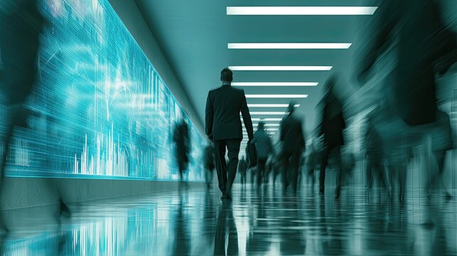 Futuristic Business Corridor with Blurred Figures and Digital Display.