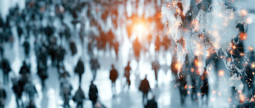 Blurred crowd of people walking in a busy urban environment with bright lights.